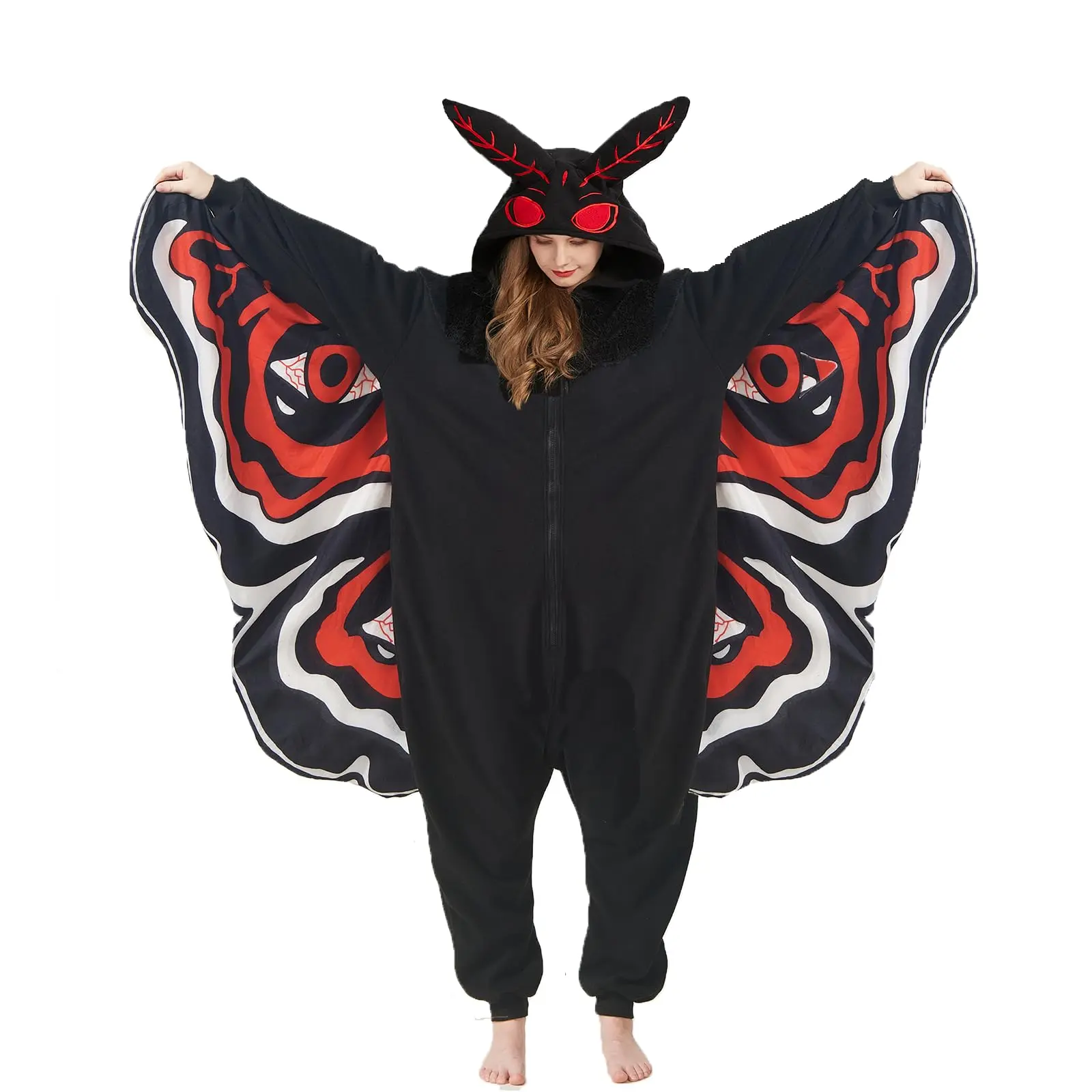 Women's Oversized Casual Long-Sleeve Polar Fleece Onesies Pajama Set - Baggy Mothman Cartoon Print, Red Eyes Embroidery, Loose Zipper, Big Wings, Breathable, Plaid Pumpkin Print, Halloween Cosplay Loungewear, Holiday Gift