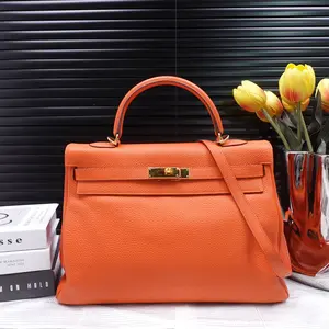 Pre-owned HERMÈS Clemence Leather Shoulder Bags Hermes Kelly 35 Orange Shoulder Bag T10339291