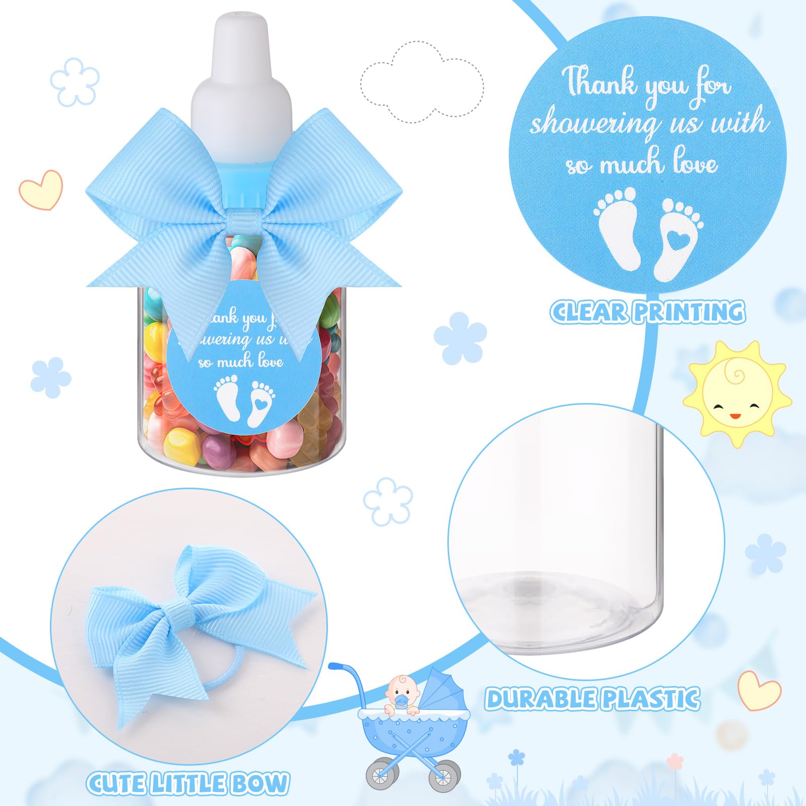 24/48 Pcs Baby Shower Prize Mini Baby Bottles Chug Plastic Milk Bottles Candy Baby Bottles with Thank You Showering Stickers and Bows Thank You Gifts for Guests,Birthday Party Baby Shower Favors Gift