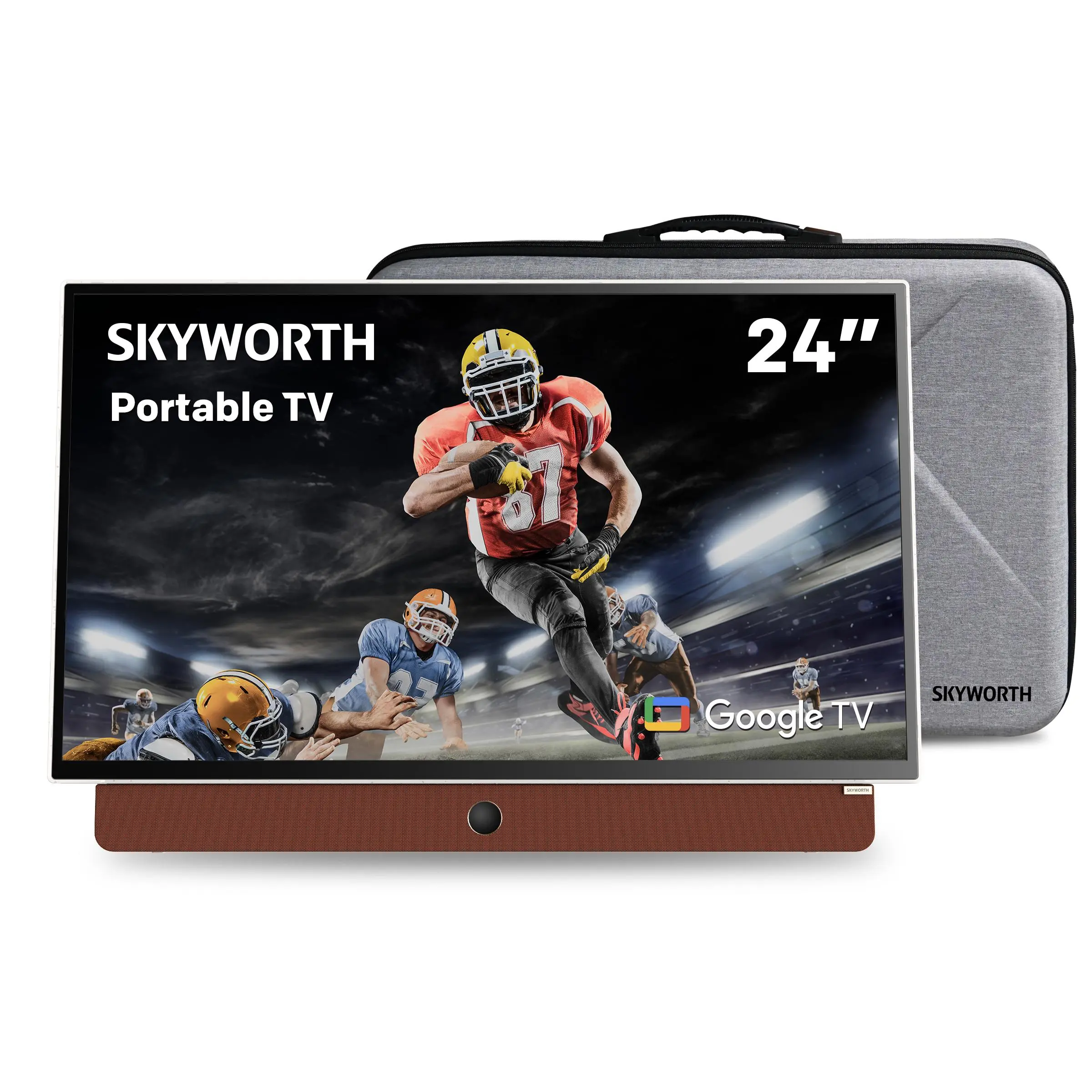 Skyworth 24-Inch Portable TV (Leather Frame), 1080P FHD Clarity HD Television, Matte Screen Google LED TV with HDR10, Dolby Audio, Bluetooth, Chromecast, High-Performance Battery, Voice Control, 12V5A Cordless for Travel, Camping