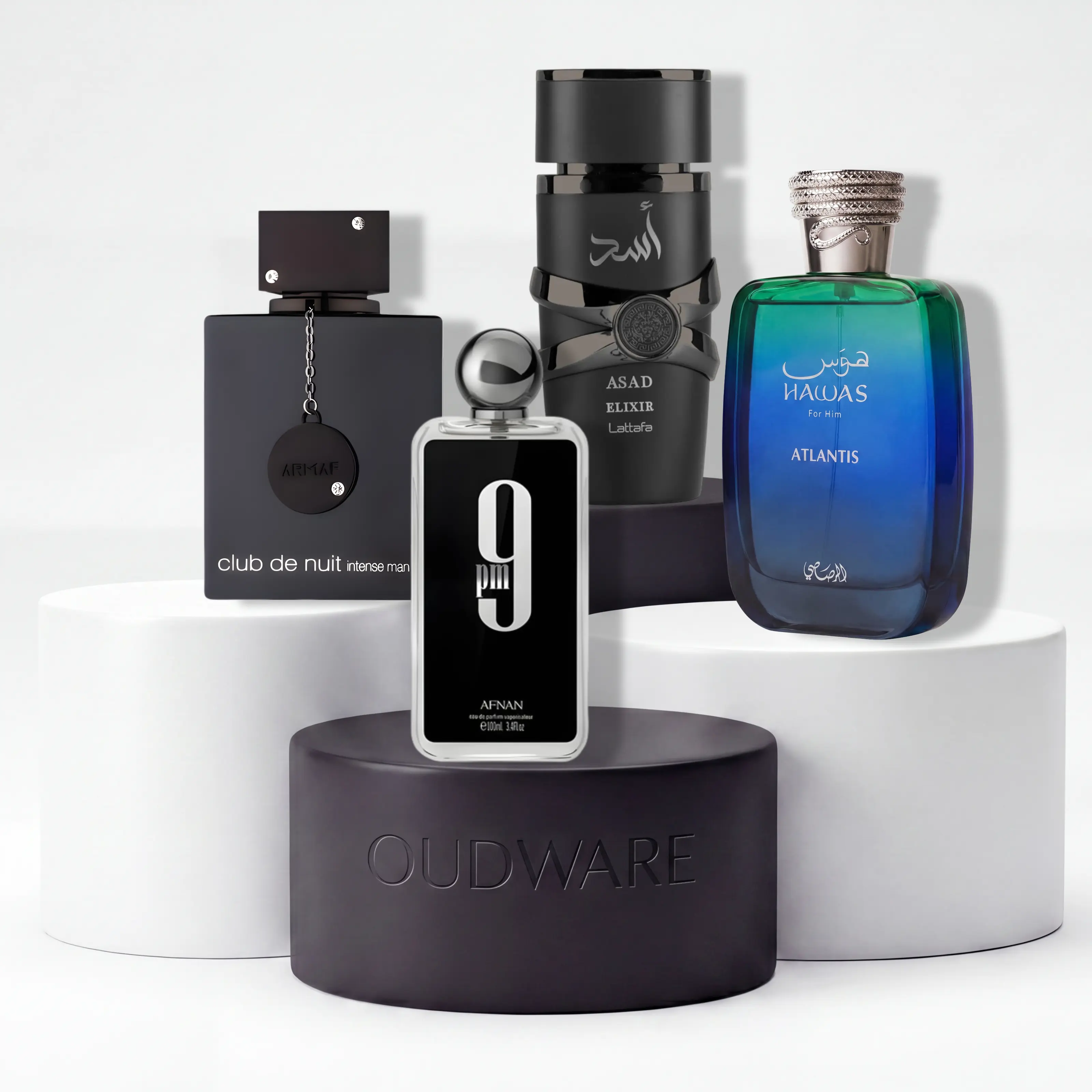 Lattafa Asad Elixir EDP 100ml + Rasasi Hawas Atlantis EDP 100ml + Armaf Club De Nuit EDT 105ml + Afnan 9PM EDP 100ml - 4x100ml Fragrance Bundle - Mens Cologne Bundle