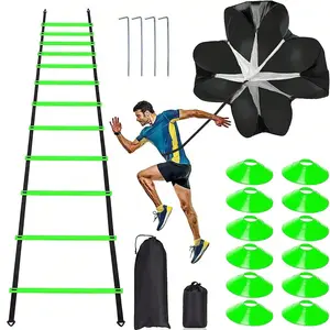 Pro Speed & Agility Training Set-Includes 12 Rung 20ft Adjustable Agility Ladder with Carrying Bag, 12 Disc Cones, 4 Steel Stakes, 1 Resistance Parachute, Use Equipment to Improve Footwork Any Sport