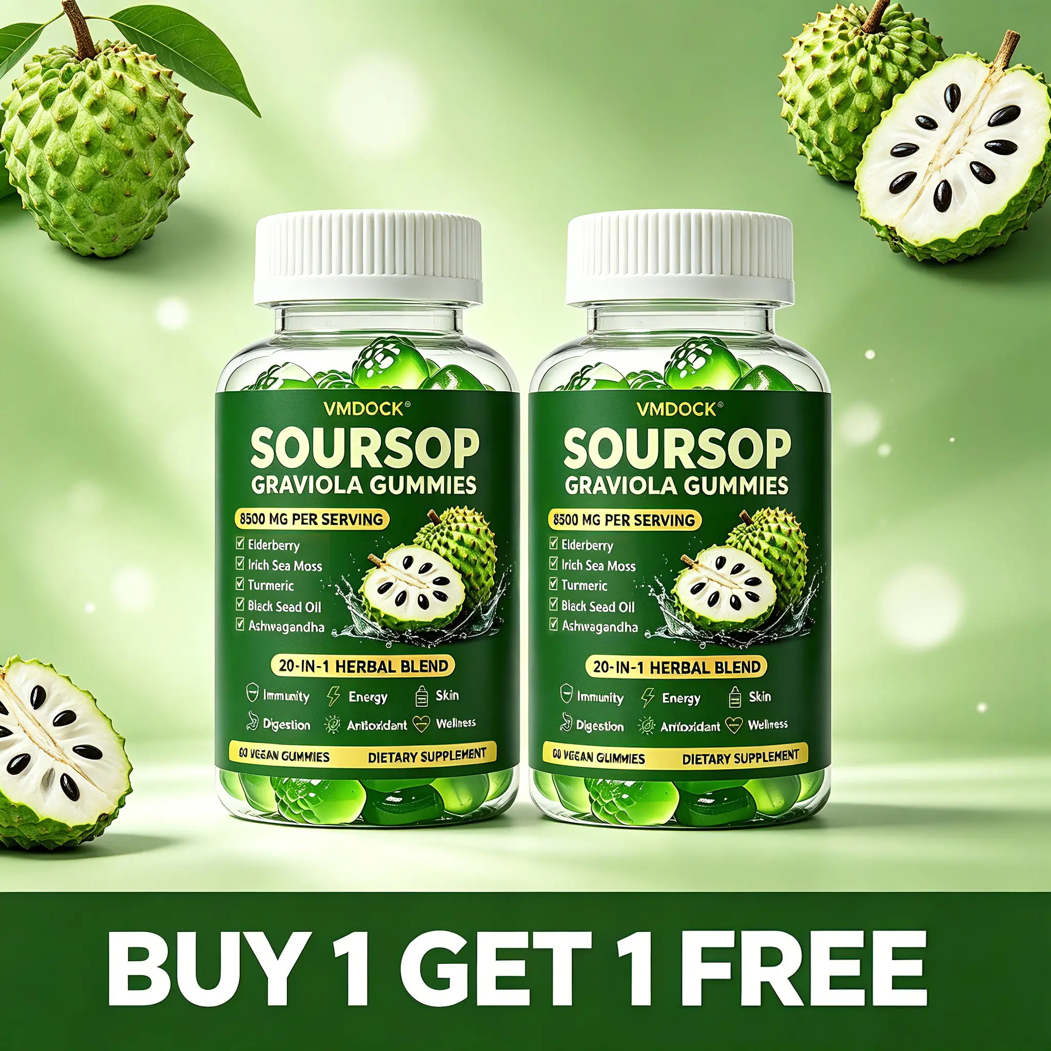 [BUY 1 GET 1 FREE] Summerwins Soursop Gummies 20-in-1 Advanced Herbal Complex, Sea Moss, Moringa, Turmeric, Black Seed Oil, Oregano & Ashwagandha, Immune Support Daily Wellness Supplement, Vegan Non-GMO 60 Capsules | Viral TikTok Wellness Formula
