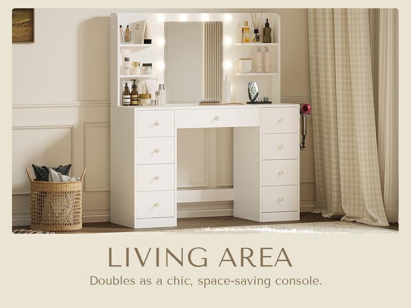 [New Year Deals] Vanity Desk with Mirror Lights 9 Drawers 6 Storage Shelves Dressing Table Power Outlet 3 Color Modes 10 LED Bulbs for Girls Bedroom,Gift for Daughter, Wife & Mom – Girls Bedroom Essential