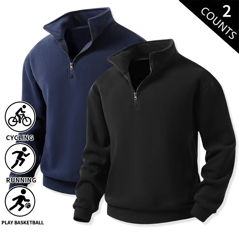 2-Pack Men’s Quarter-Zip Pullover Sweatshirts, Stand Collar 1/4 Zip Fleece Long-Sleeve Tops, Loose Casual Athletic Sweatshirts for Sports and Everyday Wear, Autumn/Winter