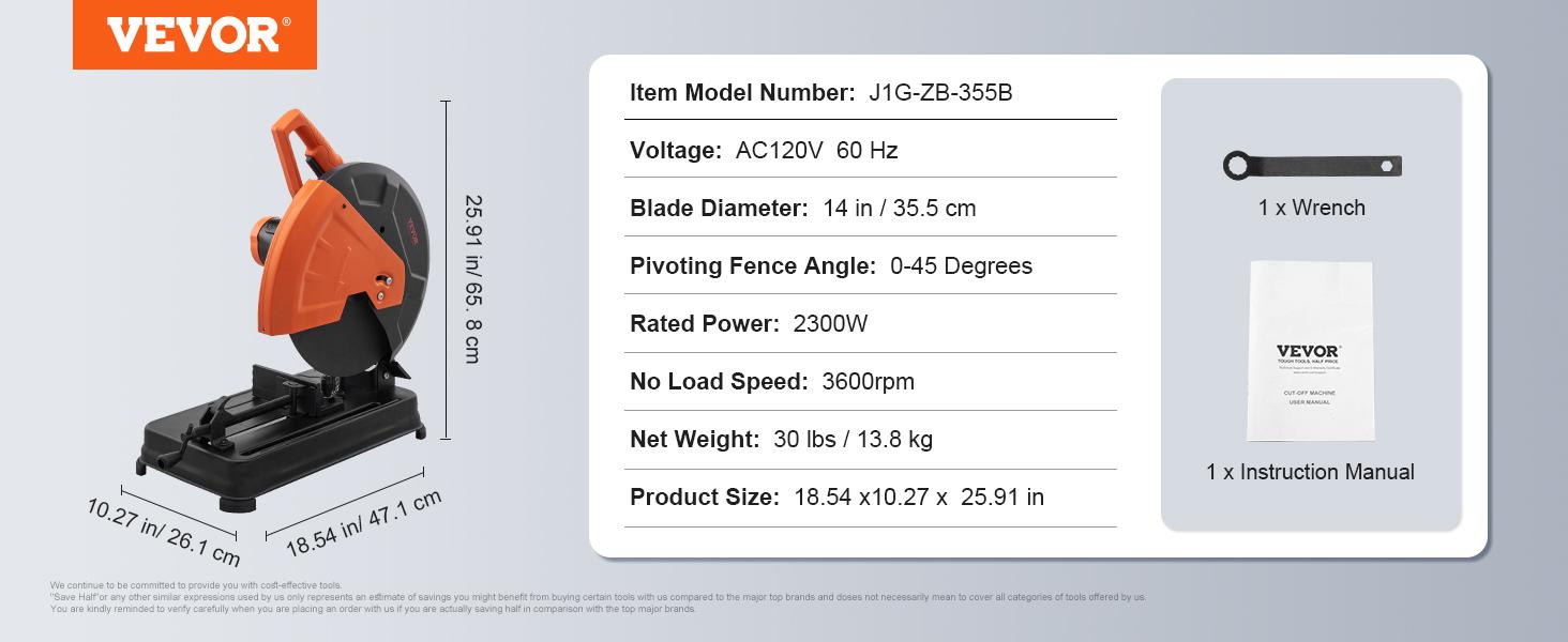 VEVOR Abrasive Chop Saw, TikTokShopBlackFriday, 14"/355mm Blade Diameter Cut Off Saw, 2300W 3600RPM Steel Cutting Machine, 0-45° Adjustable Angle Miter Saw for Cutting Metal Cutting Chop Saw for Steel/Rebar/Iron/Aluminum