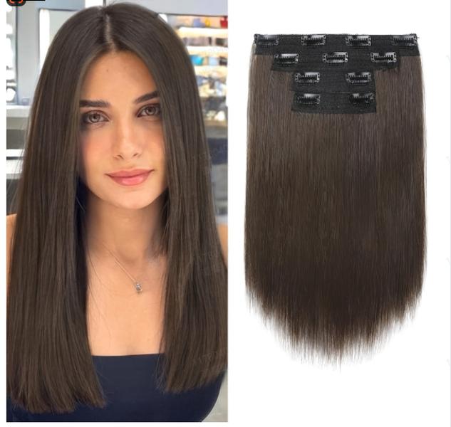 WearNGO 14 Inch Straight Clip in Hair Extensions 4 Pcs Set, 135g Super Thick Synthetic Hairpieces with Lace Weft, Double Weft Heat Resistant Natural Hair for Women (Multiple Colors)