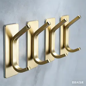 Towel Hooks/Adhesive Hooks - Brushed Gold Wall Hooks for Hanging Coat, Hat, Towel Robe Hook, Bathroom and Bedroom 4-Packs, Stainless Steel