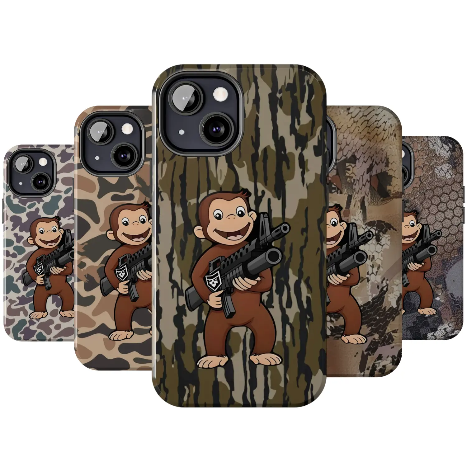 Cute Camo Machine Gun Monkey Hard Smartphone Case - Elegant, Durable Customized Casing, Hunting Gift Accessory for iPhone 17,16,15,14,13,12,11 & Samsung Galaxy S26, Cellphone