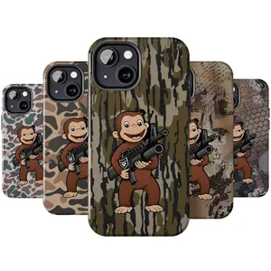 Machine Gun Curious George Monkey Camo Phone Case Aesthetic For iPhone 17 16 15 14 13 12 11 12 11 X 8, Durable, Hunting Gifts, Durable Accessories Suitable for Samsung Galaxy S24