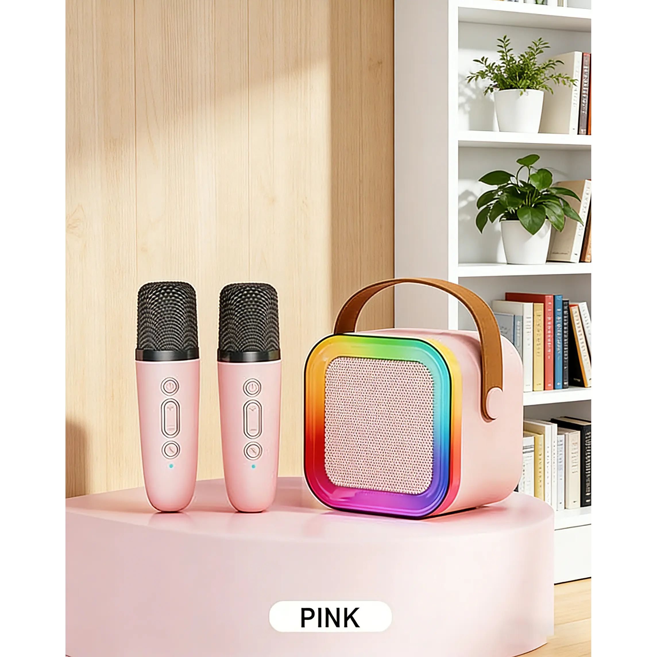 Rechargeable Battery Karaoke Machine Kit - Compact and Portable Bluetooth Speaker with 2 Wireless Mics, Intelligent Noise Reduction, Dynamic RGB Lights, 4-6H Playtime, USB Type-C, Ideal for Adults, Parties (Pink), Colorful, Karaoke System, Led Lights