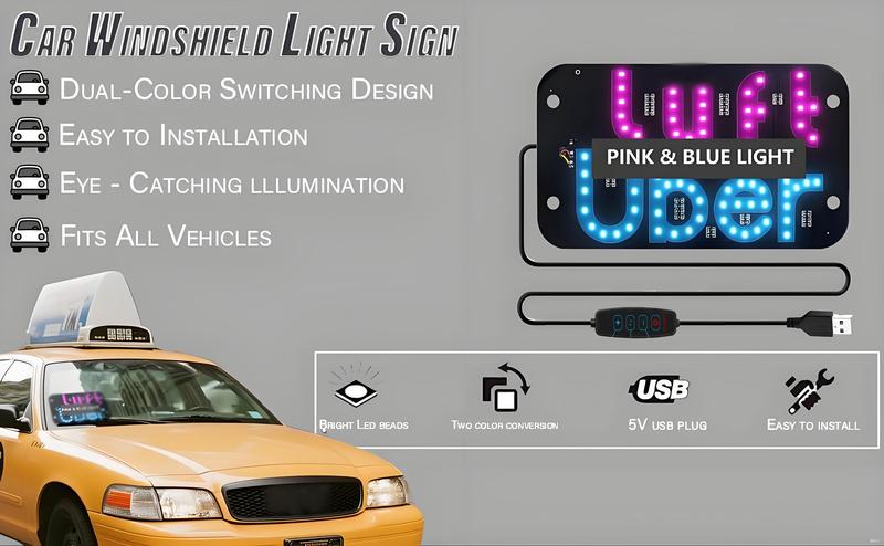 Taxi LED Light Sign for Car Uber/Lyft with Suction Cups USB Plug for Cars Trucks SUVs Compatible LED Decal for Windshield Visibility