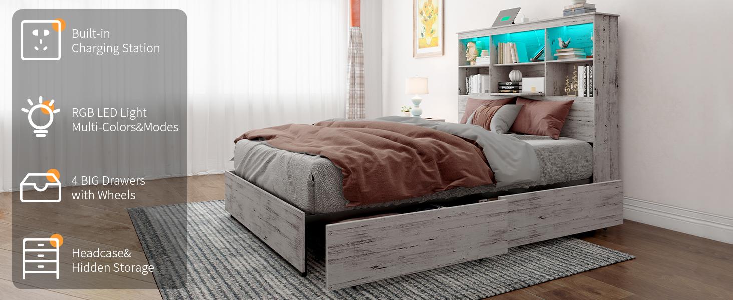 AMERLIFE Full/Queen/King Size Bed Frame with Storage Bookshelf Headboard, Industrial Wooden Bed Frame with Charging Station & 4 Drawers, No Box Spring Needed/Luxury Bedroom Furniture