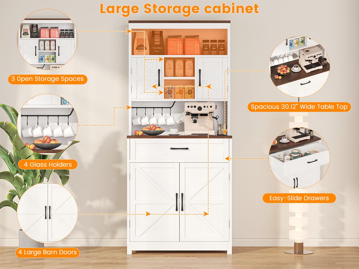 69.3" Tall Farmhouse Kitchen Pantry Cabinet with 2 Barn Doors 1 Drawer & Storage Shelves Wide Countertop Charge Holes for Buffet & Kitchen Hutch 69.3" Tall Farmhouse Kitchen Pantry Cabinet with 2 Barn Doors 1 Drawer & Storage Shelves Wide Countertop Charge Holes for Buffet & Kitchen Hutch