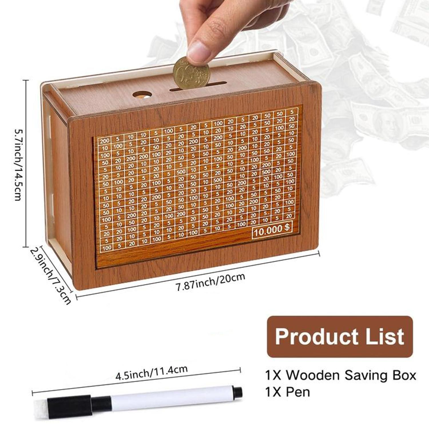 $10,000 Savings Challenge Box, Wooden Cash Vault for Kids & Adults, Money Saving Box with Lid, Birthday Piggy Bank Gift Home Decor