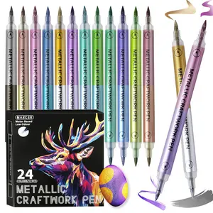 24 Colors Metallic Marker Pens, Dual Tip Acrylic Paint Pens Markers for Black Paper, Scrapbooking, Rock Painting, Wood, Canvas, Stone, Glass, Ceramic, DIY Crafts Making Art Supplies