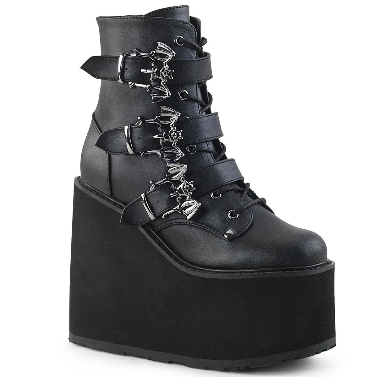 Demonia Women's Swing-103 Black Vegan Leather Ankle Boots with 5 1/2" Wedge Platform Triple Bat Buckle Straps & Metal Zip Closure