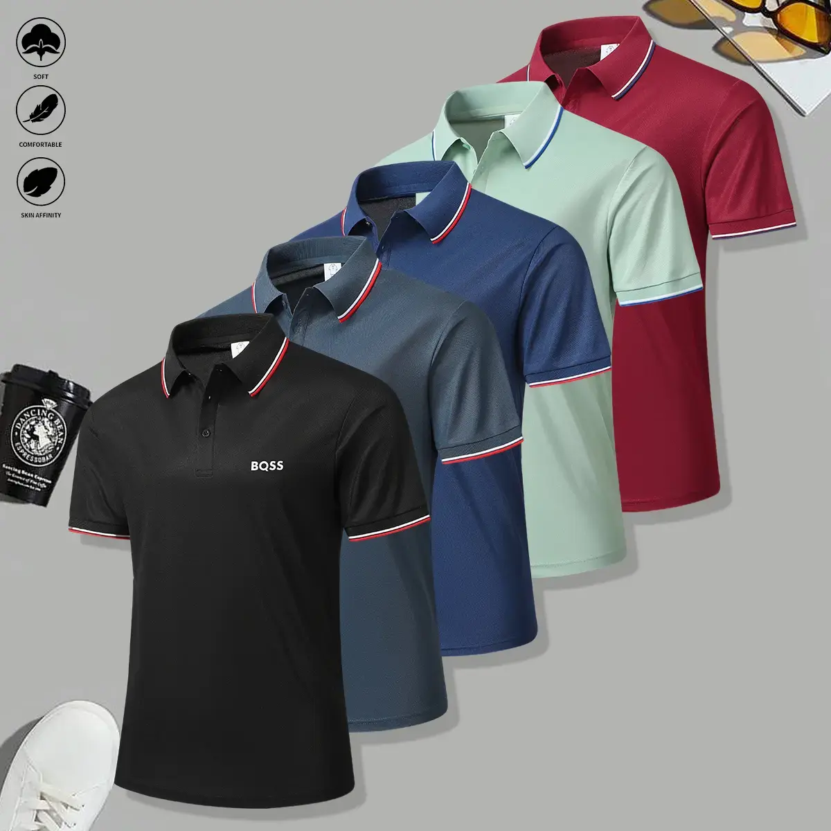Men’s casual short-sleeve polo shirt set with mixed colors, breathable and cool, suitable for all seasons—an ideal holiday gift choice for men.