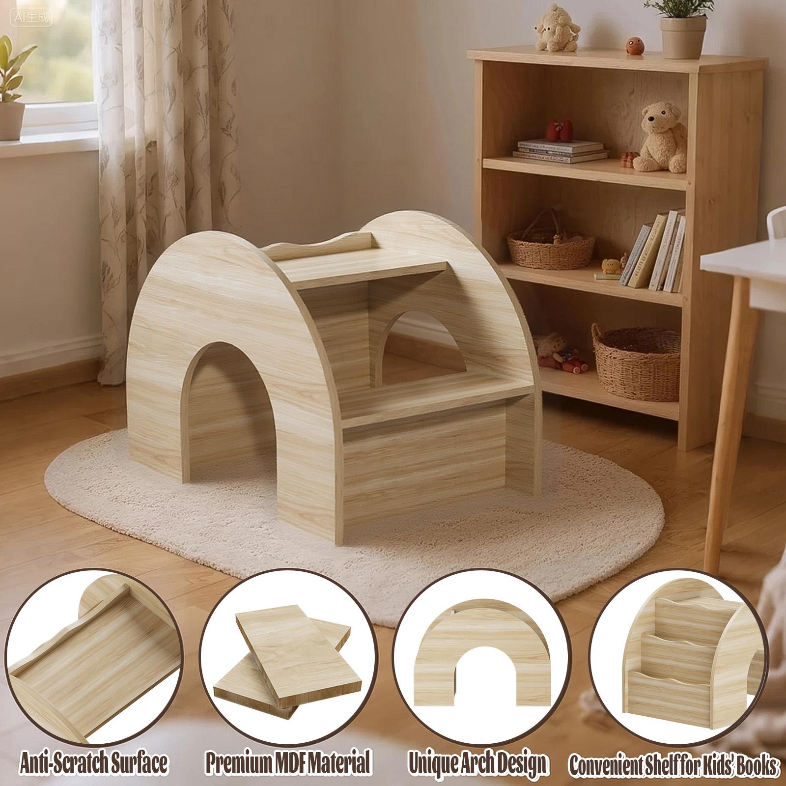 COZPAW 3-in-1 Kids Table and Chair Set, Toddler Activity Table with Book Shelf for Ages 2-7 | Arched Baby Bookshelf with Desk for Reading Drawing Playing (white)