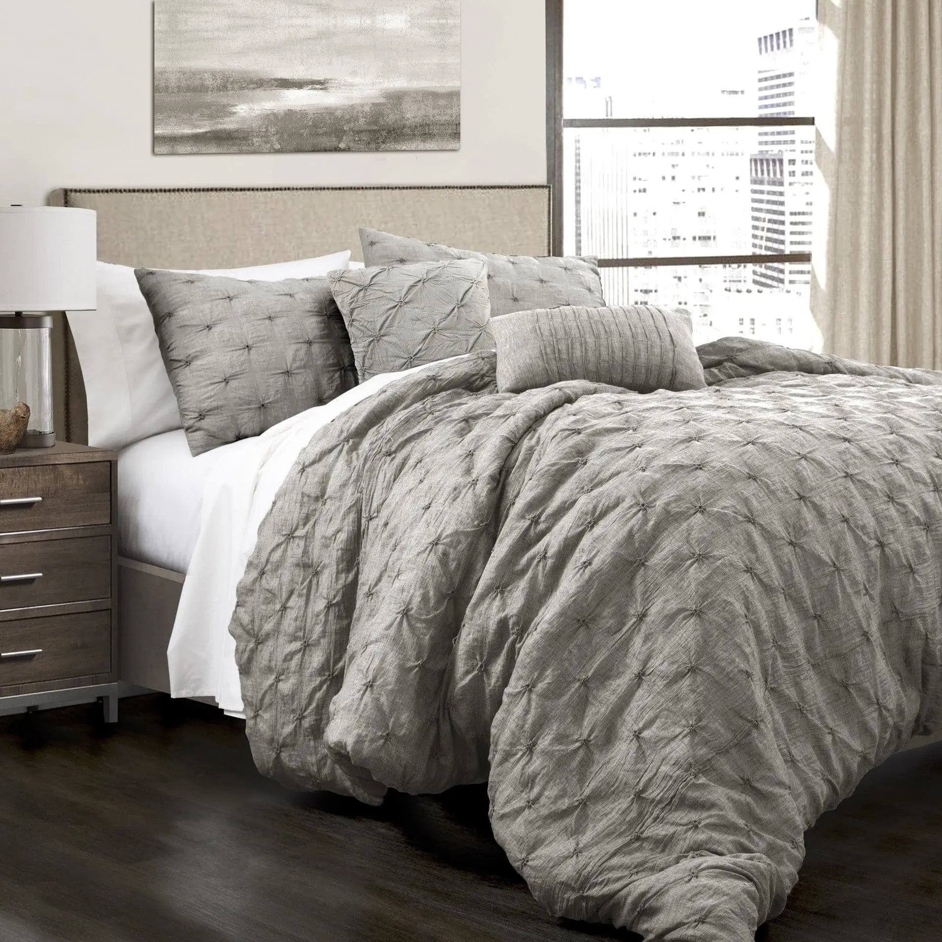 Lush Decor Ravello Pintuck 5 Piece Comforter Set with Multiple Pillows- Elastic Embroidery - Pintuck-Cozy Design Solid Color 230 GSM Fill- King Full Queen Sizes OEKO-TEX Certified