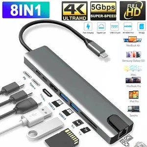 8 in 1 USB C Hub Multiport Adapter 4K HDMI 100W PD Charging USB 3.0 SD TF Card Reader Type C Dongle for MacBook Pro Air iPad iPhone 15 Home Office