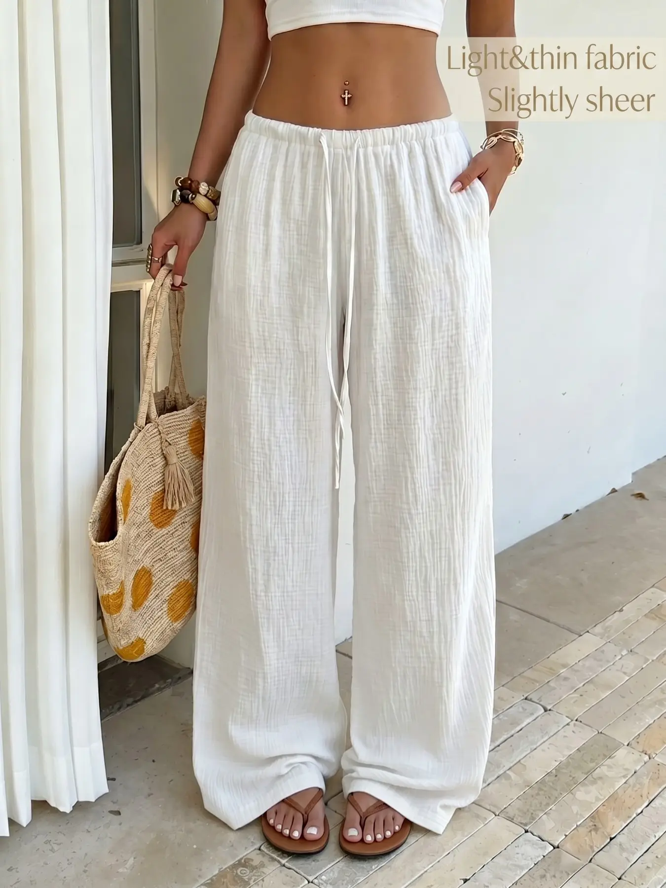 2026 Breathable Cotton Gauze Fabric White Drawstring, Elastic, Adjustable Waist Wide Leg Palazzo Pants, Casual/Beach Wear, Loose Fit With Pockets, Lightweight Flowy Trousers For Women, Bohemian, Boho Summer Aesthetic Essential