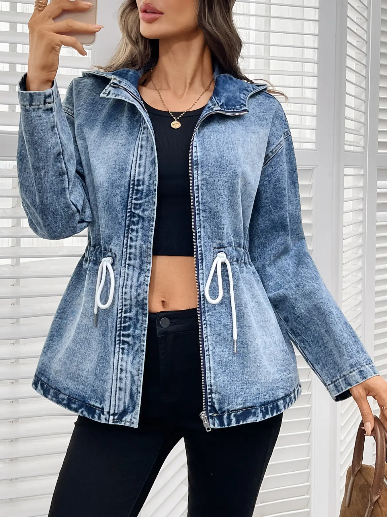 Women's Washed Vintage Adjustable Waist Drawstring Zipper Denim Jacket Coats, Stand Collar Long Sleeve Slim Fit, Casual Streetwear Outerwear with Side Pockets