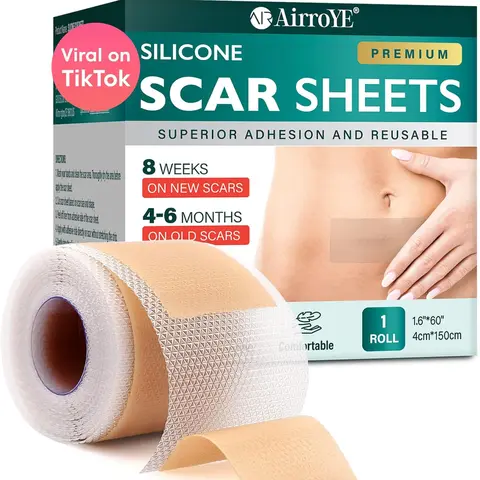 AirroYE Premium Silicone Scar Tape Roll - 1.6"x60" Reusable 3M Adhesive Healthcare Sheets for Adults, Comfortable Treatment for Acne, Hypertrophic, Burn Scars
