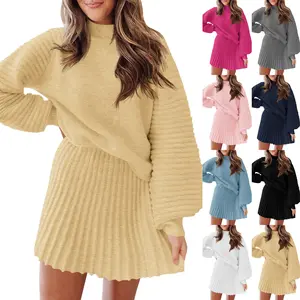 LAICIGO Women's 2 Piece Sweet Outfits Trendy Solid Color Long Sleeve Mock Neck Ribbed Sweater And Mini Skirt Two Piece Sets
