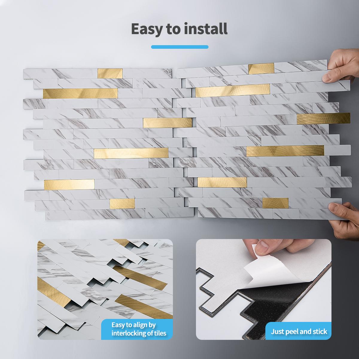 Art3d 10-Sheet 13.8‘’×11.8‘’ Peel and Stick Backsplash Vinyl Stone Tile for Kitchen, Bathroom,  Laundry Room Decor in White Slate with Gold Studded