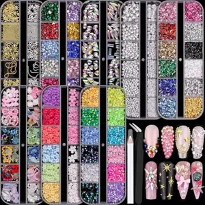 8 Boxes Nail Charms and Gems for Manicure, Flat Pearls Nail Flowers Nail Rhinestones and Charms for Nail Art, Colorful Pearl Nail Charm Nail Bows Multi Shapes Flatback Nail Design Kit Nail Accessories