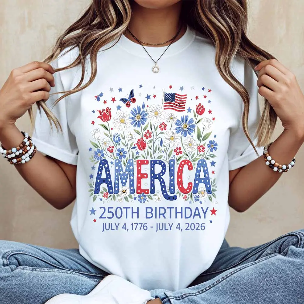 Essential Short-Sleeve Lightweight Fabric Sports Top, Floral America 250th Birthday 1776-2026 Graphics T-Shirt, White Casual Loose Fit for Everyday & Outdoor Activities