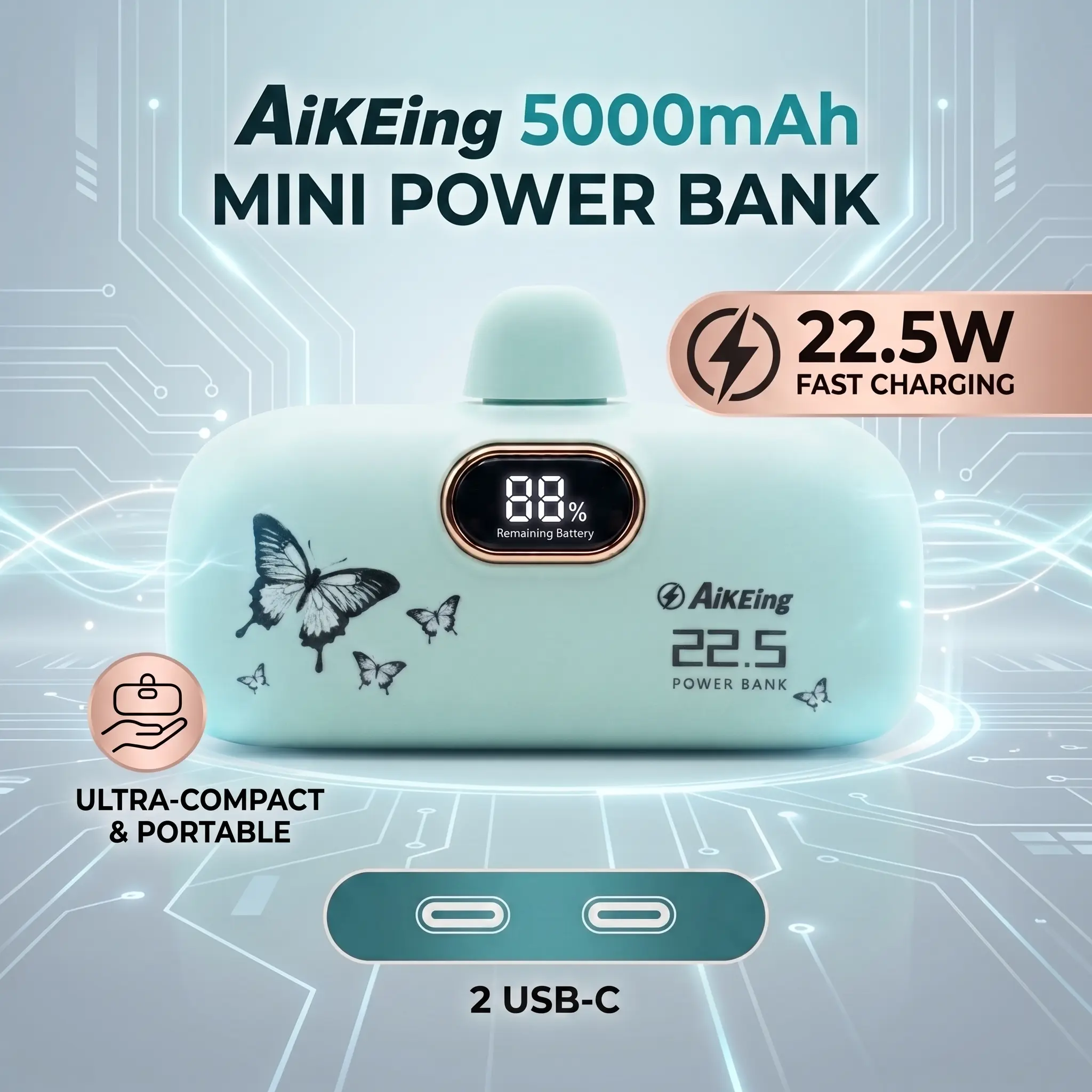 【AikEing】 5000mAh Mini Power Bank, 22.5W Fast Charging Portable Phone Charger with 2 Type-C Ports, Digital Battery Display, Compact Lightweight, Ideal for Travel & Back-to-School (Black)
