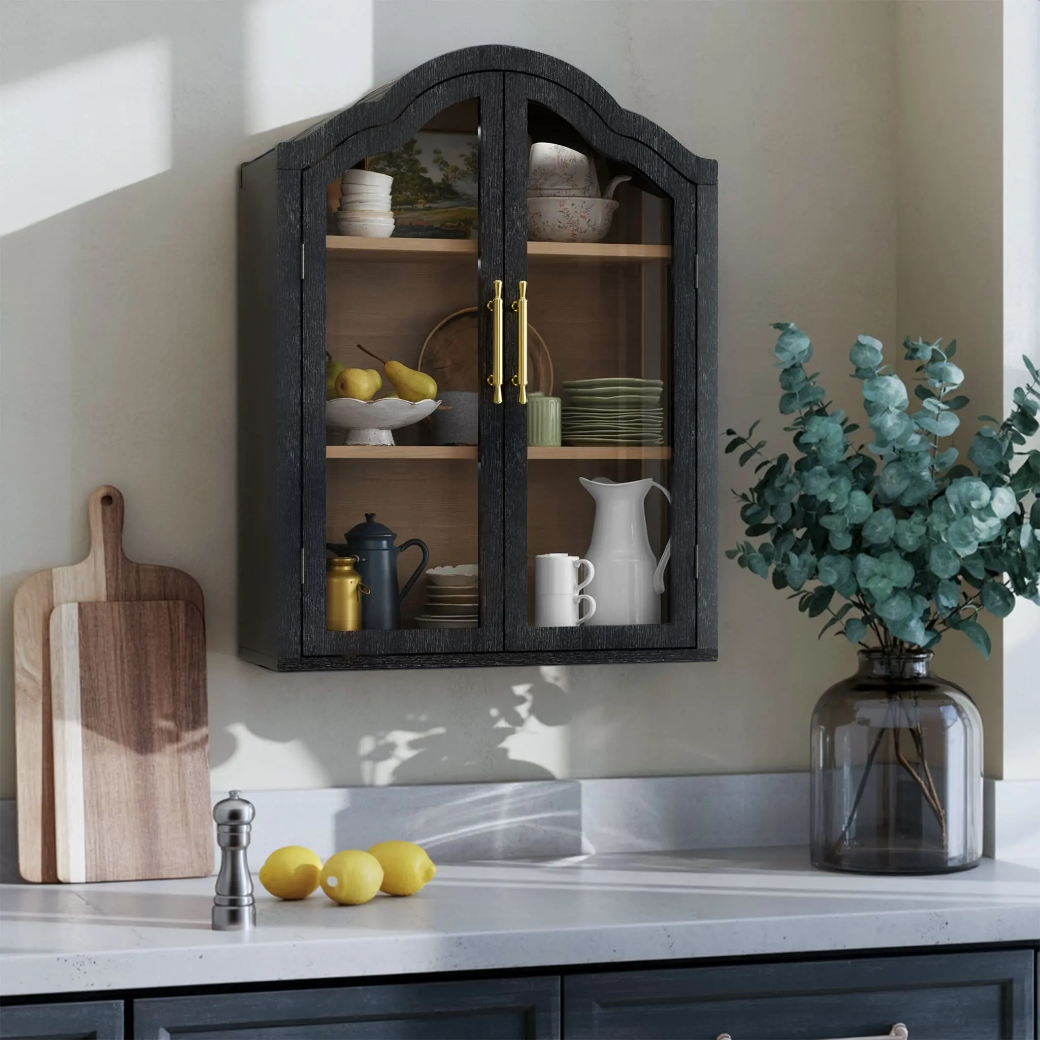 Black Arched Wall Mounted Cabinet, Display Medicine Cabinets with Tempered Glass Doors and Adjustable Shelf for Bathroom,Kitchen,Living Room