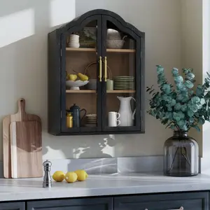 Black Arched Wall Mounted Cabinet, Display Medicine Cabinets with Tempered Glass Doors and Adjustable Shelf for Bathroom,Kitchen,Living Room