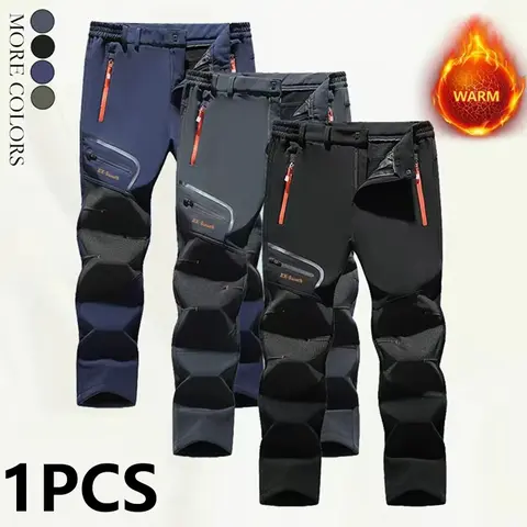 Men's Outdoor Waterproof Windproof Pants Winter Fleece Lined Thick Warm Casual Trousers with Printed Design & Pockets