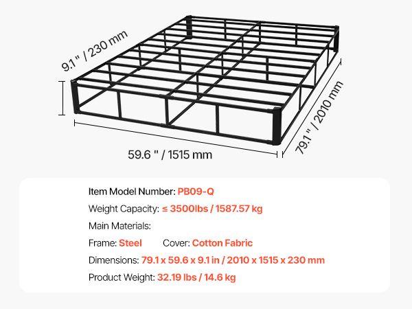 VEVOR Box Spring, Queen Size Bed Frame with Washable Fabric Cloth, Heavy Duty Metal Frame for Queen Bed, 9 in Mattress Foundation, 3500 lbs Max Weight Capacity, Easy Assembly, 79.1L x 59.6W x 9.1H in