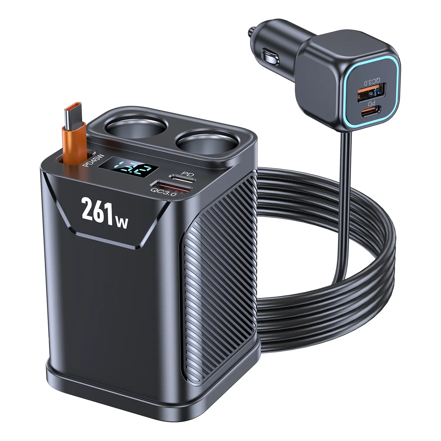 AXVIV 261W Cigarette Lighter Splitter with Retractable Cable, 45W PD USB C Car Cup Charger Adapter, Heavy Duty Power Plug Outlet for Trucks and Cars, Smart Charging Station with LED Voltage Display for Multiple Devices, Professional 12V-24V Accessory
