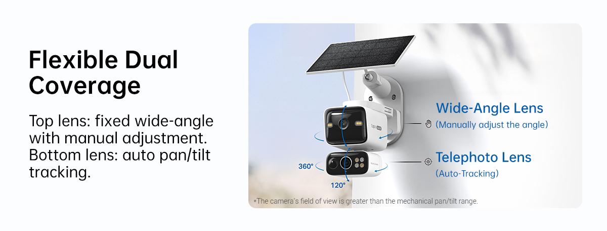 TP-Link & Tapo  C645D KIT Dual Lens Pan/Tilt Security Battery Camera Wireless w/Solar Panel, 2K 3MP 165° Wide-Angle + 6mm Telephoto, Free Person/Vehicle Detection, 360° Pan, SD/Cloud Storage, Works w/Alexa & Google