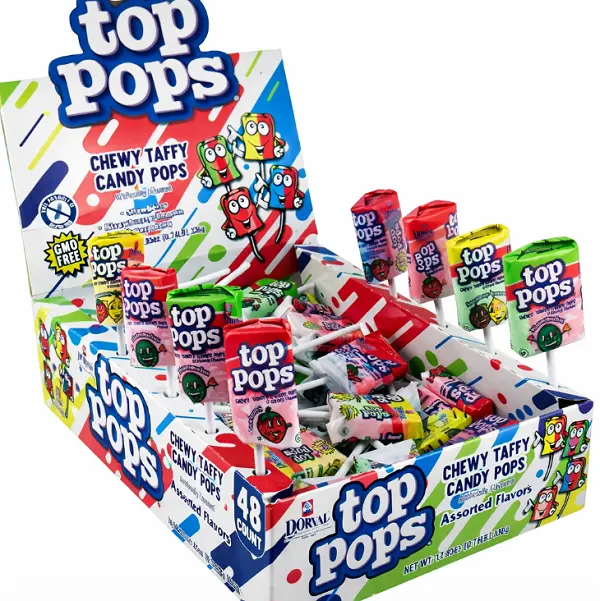 Top Pops Assorted Chewy Taffy Pops Candy - 48-Count Box of Mixed Snacks, Classroom Candy & Chewing & Bubble Gum for Cupboard, 4 Artificial Color-Free Flavors (Watermelon, Strawberry Lemon, Blue Raspberry) Made with Gelatin, Potato Starch, Syrups, Food