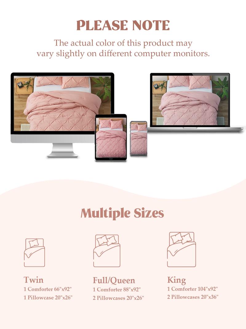 PEACE NEST 3-Piece Comforter Set (only 2 pcs for Twin Size)Elegant Pintuck Ultra Soft Breathable Machine Washable All Season Bedding  Twin Full Queen King Sizes Hotel Quality