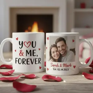 Custom Couple Anniversary Coffee Mug, You & Me Forever Matching Mug, Cute Romantic Love Cups Gift for Valentine's Day