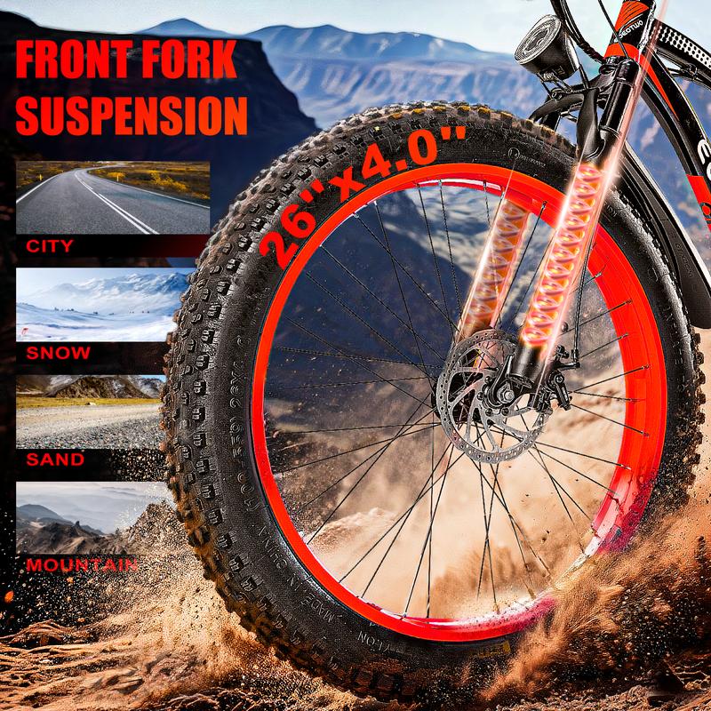 EOEOTWO 1500W Peak Motor Electric Bicycle with Front Suspension 48V 15AH Battery 26"x 4.0 Inch Tires 30+ MPH Speed 70 Miles Range for Snow Mountain Road Riding