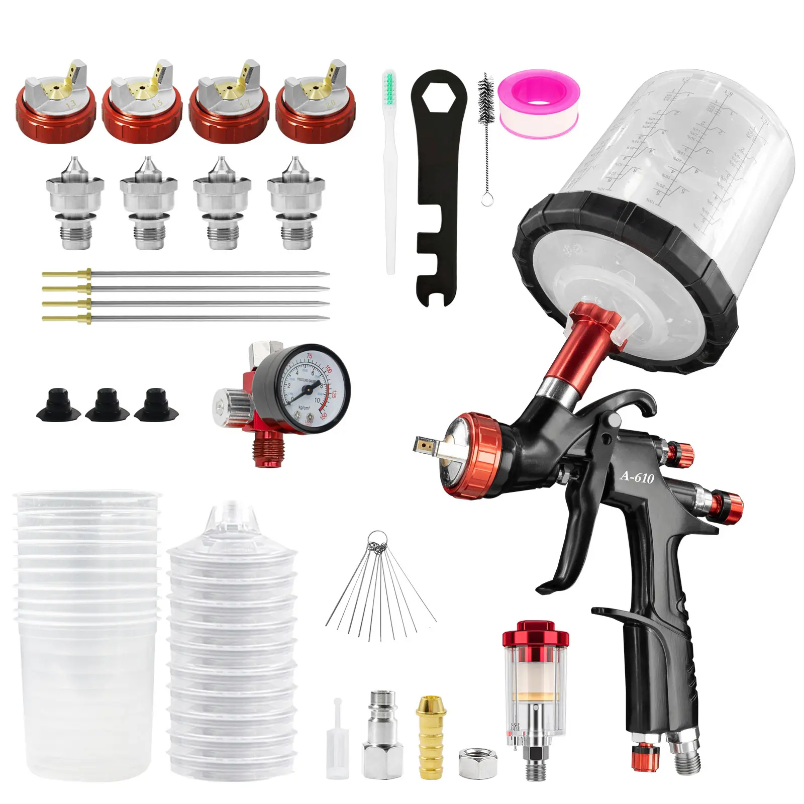 A610 LVLP Full Kit Airbrush Tool - Compressor Airbrush Spray Guns, 1.3/1.5/1.7/2.0mm Nozzles, Air Regulator, 650ml Mixing Cup, 10 Disposable Cups, Adjustable Aluminum Auto Paint Applicator for Cars, Furniture