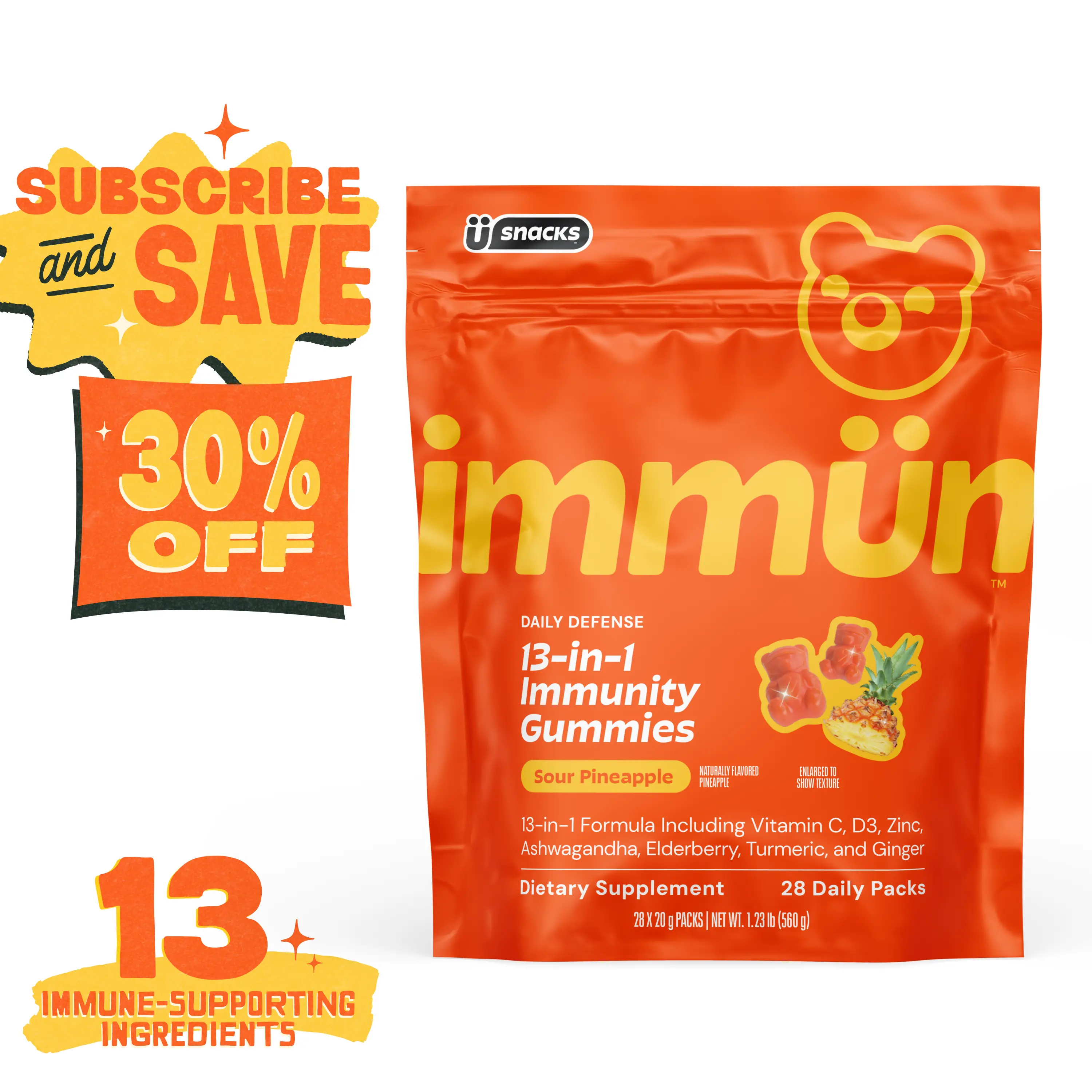 Immün 13-in-1 Immunity Gummies (Sour Pineapple): Daily immune defense supplement with 13 clinically studied ingredients: Vitamin C, D3, Zinc, Ashwagandha KSM-66, Elderberry, Prebiotics, Adaptogens, Gluten Free, Vegan, Third Party Tested