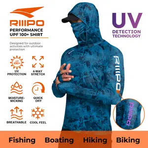 【Clearance】R10 Sun Hoodie Shirts w/ UV Detection Logo Mask Neck Gaiter Thumbhole Men UPF 100+ Sun Protection Long Sleeve Lightweight Quick Dry Moisture Wicking Breathable Cooling Athletic Activewear for Outdoor Sports Fishing Boating Construction Roofing