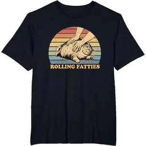 Cat Rolling Fatties Funny Unisex-Adults And Kids Black Polyester Cartoon Animal Cat T-Shirt