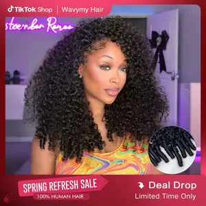 [Burmese Curly Half Wig] Wavymy Raw Burmese Curly Human Hair Wear Go Wig InvisiFit Strap Glueless Wig for Beginners No Lace Reusable Human Hair for 3 Hairstyles