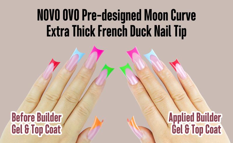 NOVO OVO French Tip Duck Feet Nail Tips 5 Mix Color Full Cover for Press on Acrylic with Moon Curve, Need Top Coat and Builder Gel, Thick Medim Soft Gel Fake False Nail Extension X 15 Sizes 150 Pcs【NO GLUE ,TOP COATAND LAMP INCLUDED】
