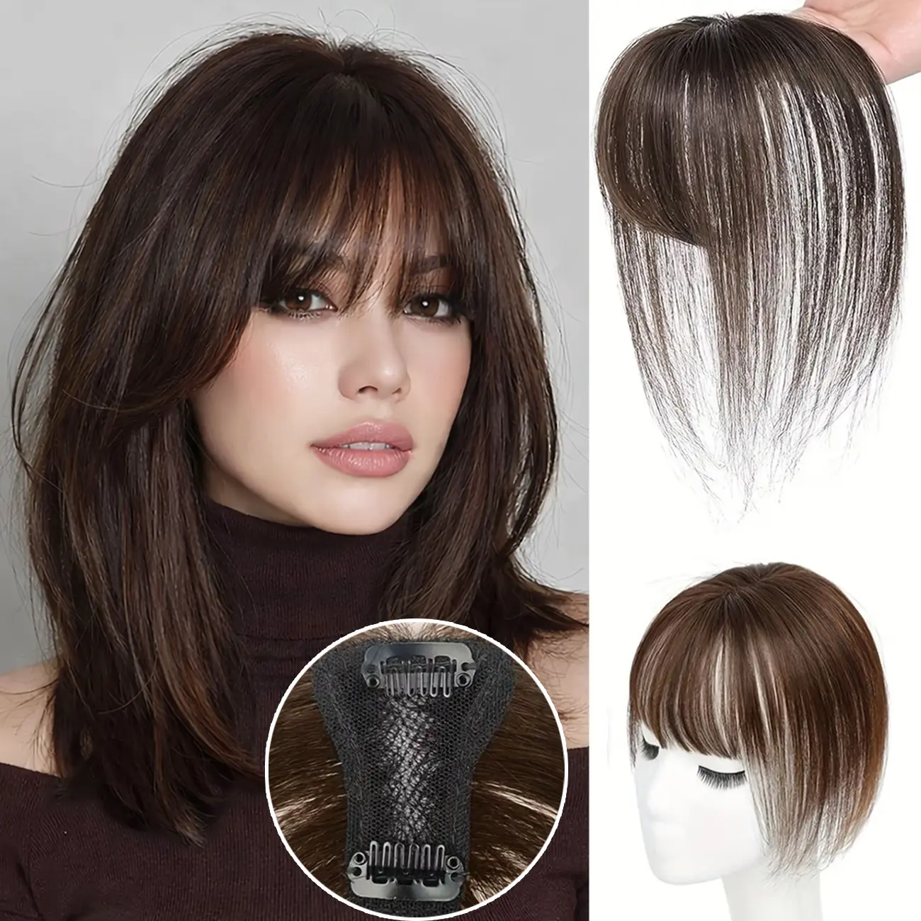Real Human Hair Clip-In Bangs Topper for Thinning Hair Volume Solution Real Human Hair Toppers for Women 360° 3D Coverage for  main image 4